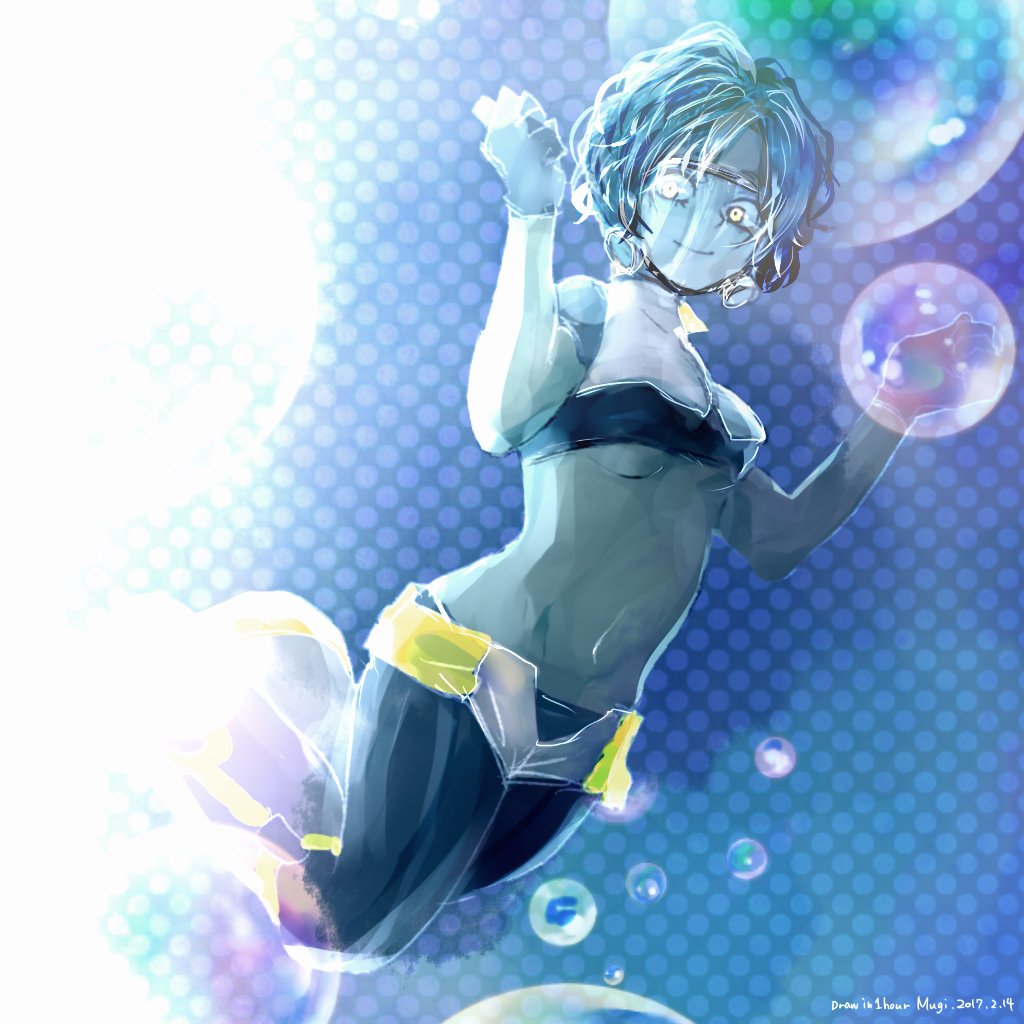 1girl, aqua_skin, blue_gloves, blue_hair, boku_no_hero_academia, breasts, bubble, bubble_girl