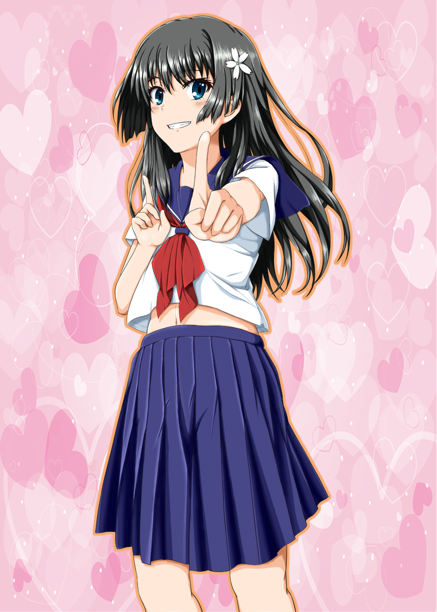 1girl, black_hair, blue_skirt, cowboy_shot, flower, foreshortening, green_eyes, hair_flower