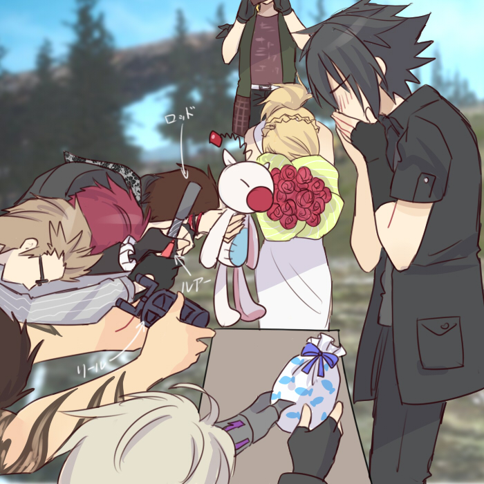1girl, 6+boys, ardyn_izunia, black_hair, black_jacket, blonde_hair, blurry, bouquet