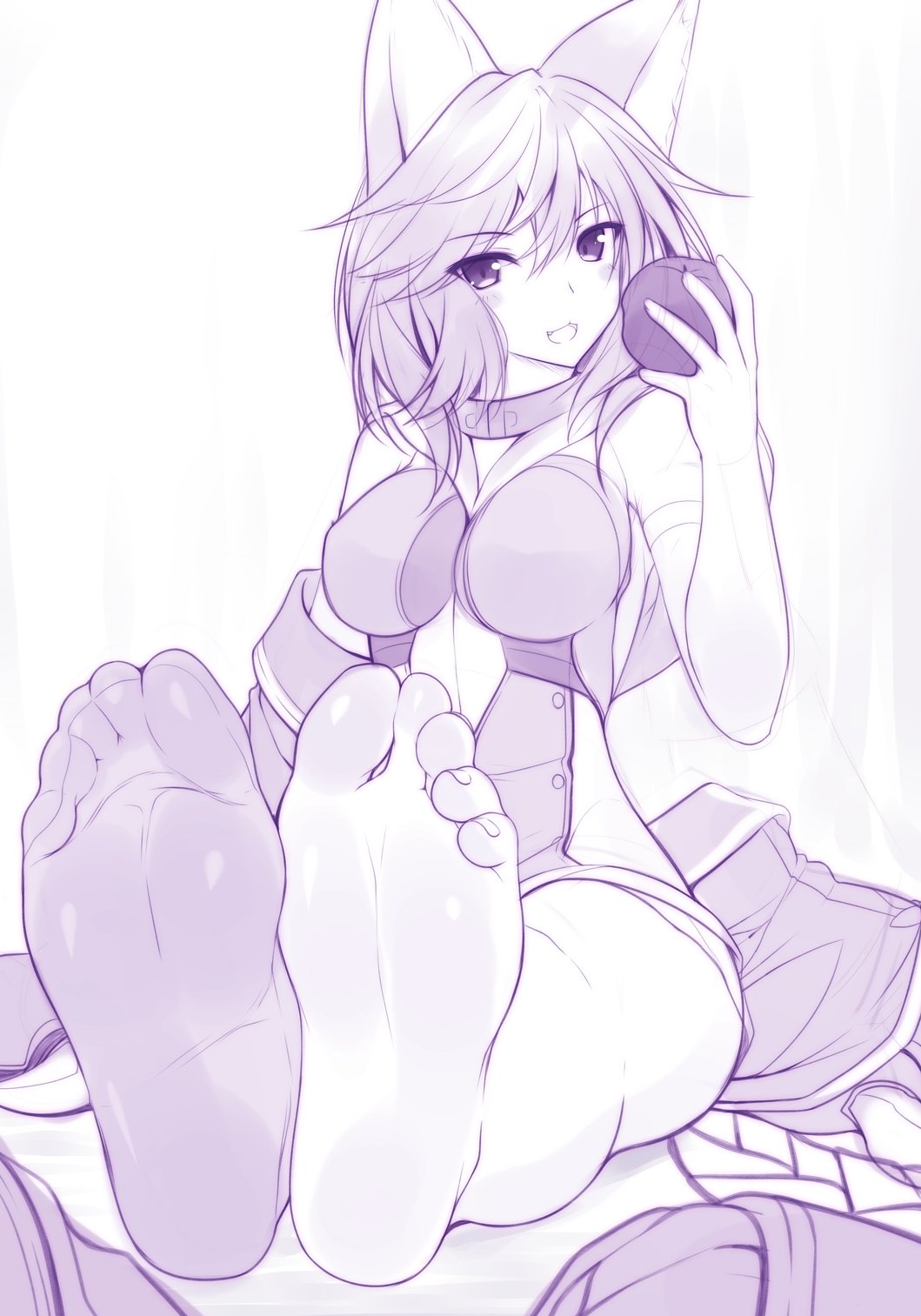 1girl, :3, :d, animal_ears, apple, bare_legs, bare_shoulders, barefoot