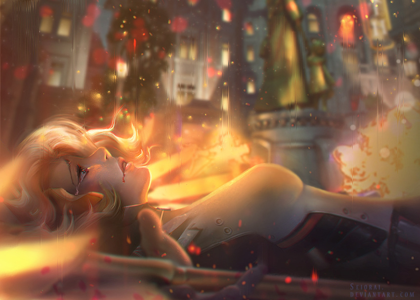 1girl, armor, blonde_hair, blood, blood_from_mouth, blue_eyes, bodysuit, breasts, commentary, crying, crying_with_eyes_open, death, gameplay_mechanics, king's_row_(overwatch), lips, lying, medium_breasts, mercy_(overwatch), nose, on_back, overwatch, resurrection, seiorai, solo_focus, staff, tears