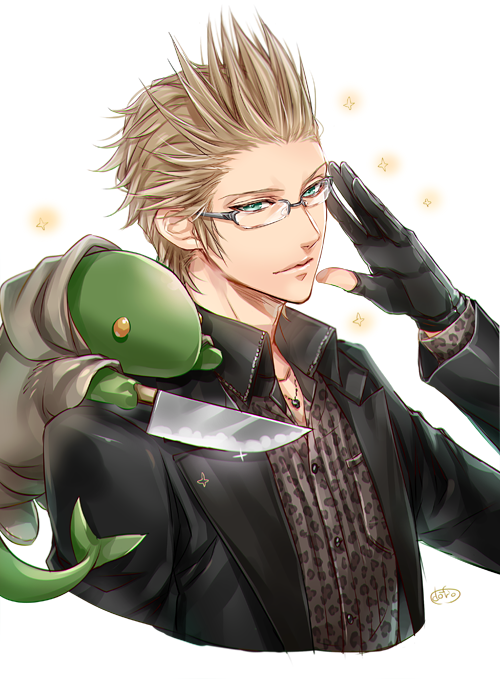 1boy, adjusting_glasses, animal_print, brown_hair, final_fantasy, final_fantasy_xv, formal, glasses