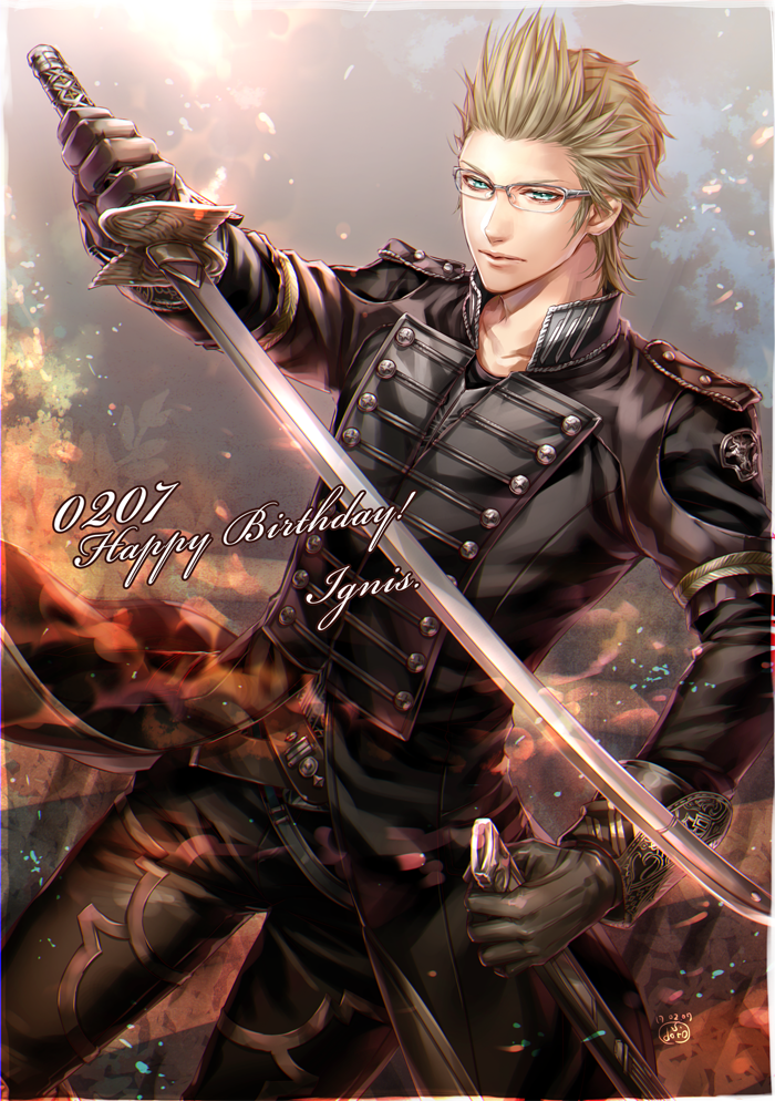 1boy, brown_hair, dated, final_fantasy, final_fantasy_xv, glasses, gloves, happy_birthday