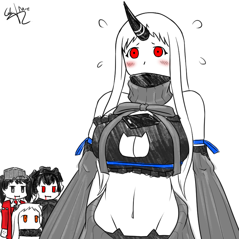 4girls, artist_name, blood, blood_from_mouth, breast_envy, breasts, cat_cutout, cat_ear_panties, cat_lingerie, cellphone, cleavage, cleavage_cutout, codename-tc, costume_combination, horn, horns, isolated_island_oni, jitome, kantai_collection, large_breasts, long_hair, meme_attire, mobile, multiple_girls, navel, northern_ocean_hime, orange_eyes, pale_skin, panties, phone, red_eyes, rei_no_himo, ryuujou_(kantai_collection), seaport_hime, shinkaisei-kan, signature, simple_background, smartphone, tawawa_challenge, twintails, underwear, virgin_killer_sweater, wardrobe_error, white_background