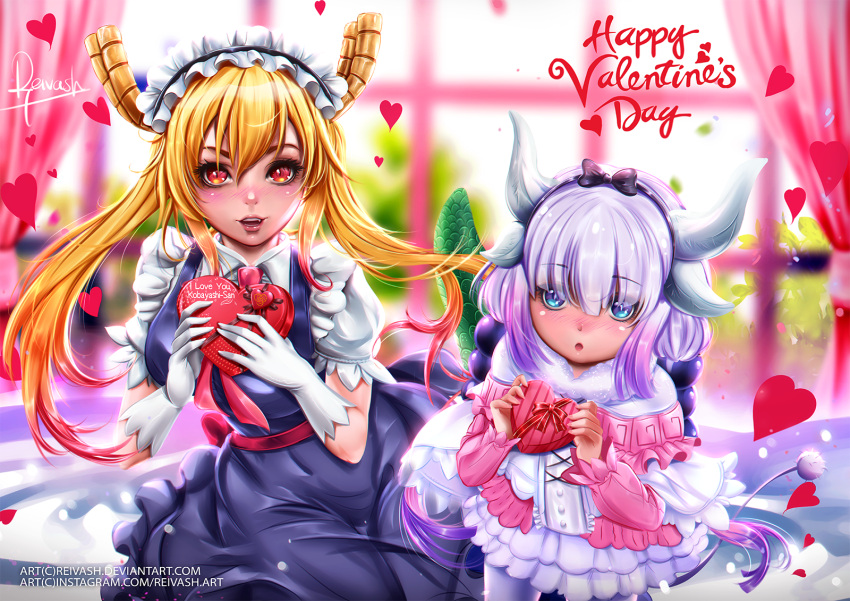 2girls, :o, artist_name, bangs, beads, black_bow, black_hairband, blonde_hair