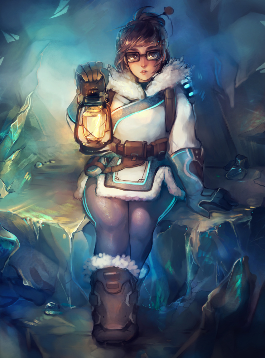 1girl, arm_up, bangs, belt, black-framed_eyewear, blue_background, blue_gloves, boots