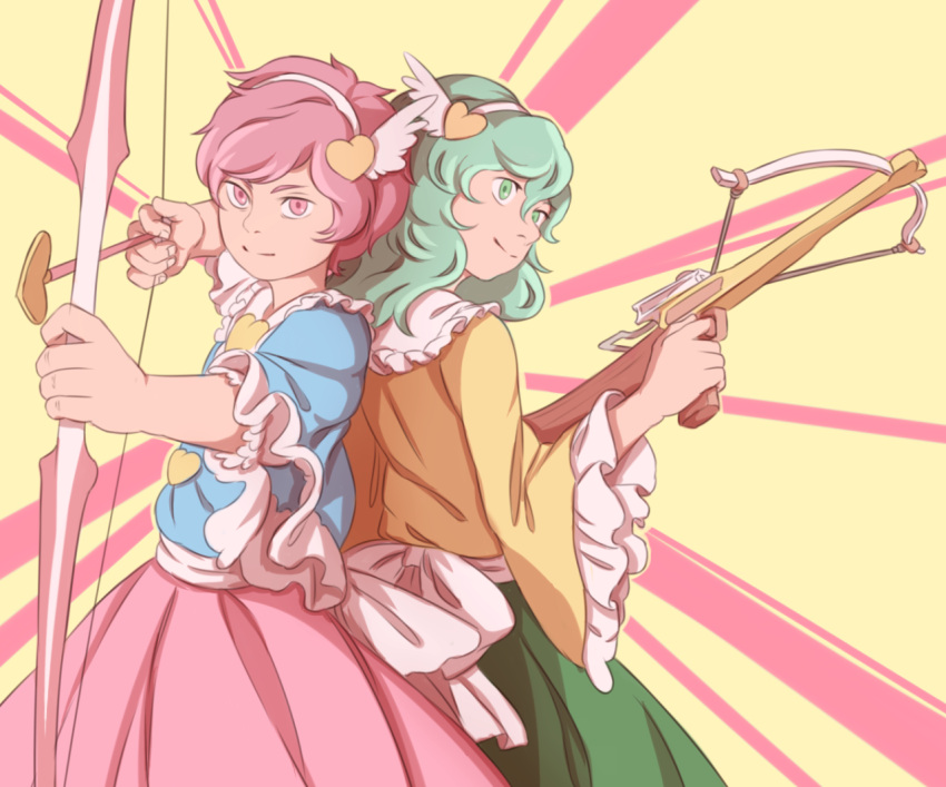 2girls, arrow, back-to-back, blouse, blue_blouse, bow, bow_(weapon), collar