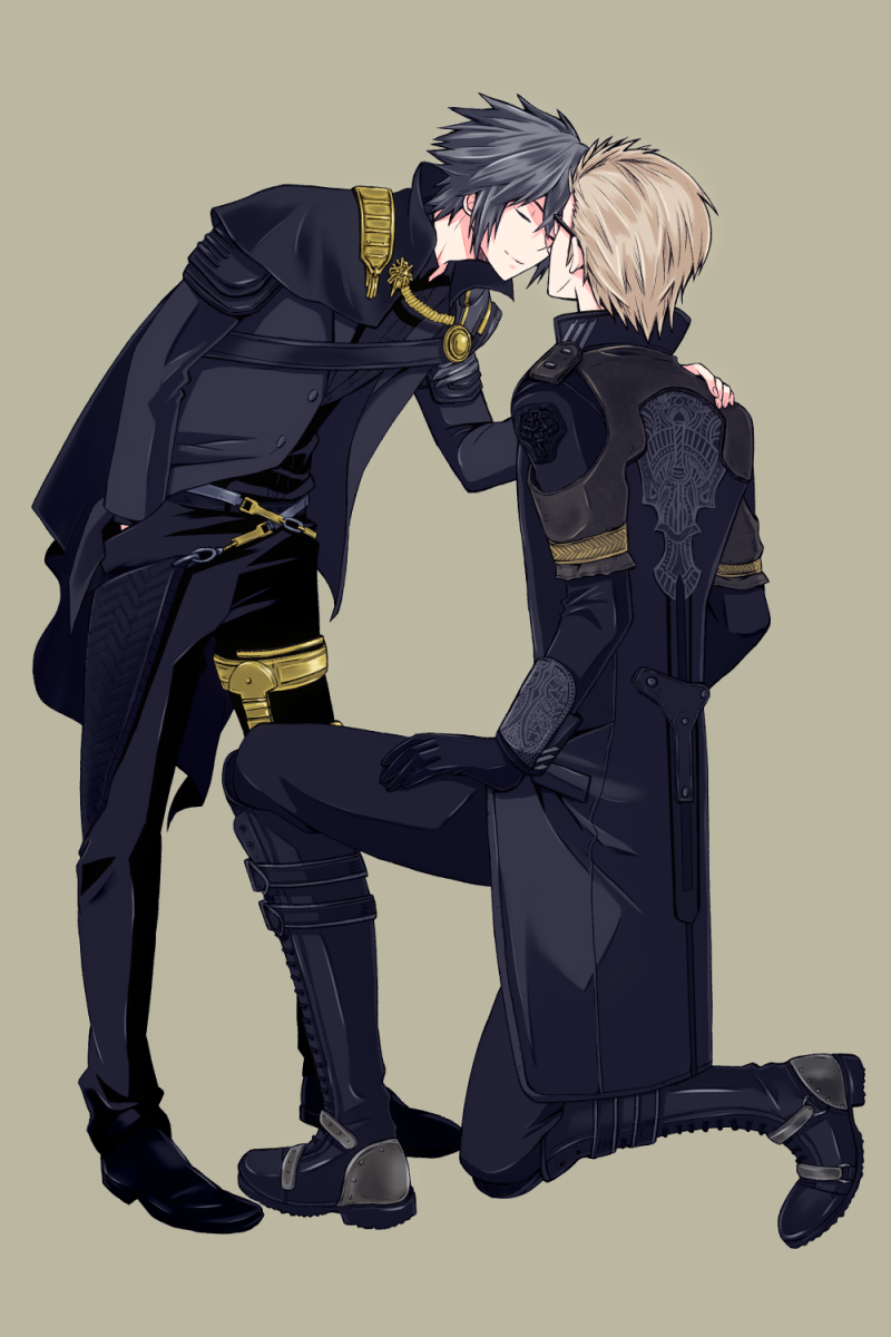 2boys, black_hair, boots, brown_hair, cape, final_fantasy, final_fantasy_xv, formal
