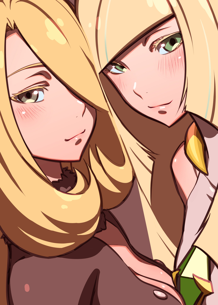 2girls, bangs, bare_shoulders, blonde_hair, blush, breast_press, breasts, cleavage