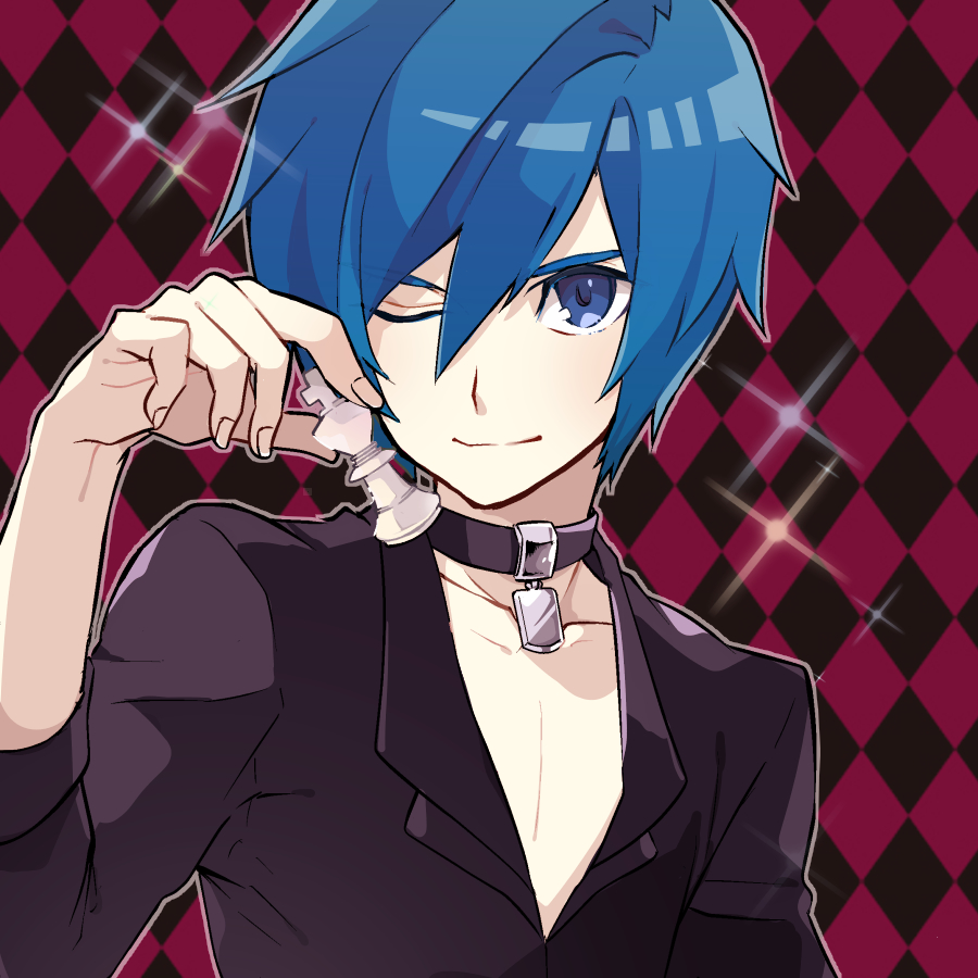 1boy, alternate_costume, argyle, argyle_background, blue_eyes, blue_hair, chess_piece, choker