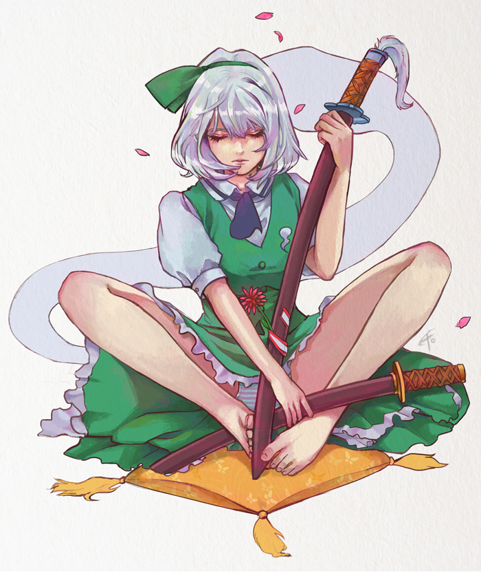 barefoot, cushion, ef_(ppps33), feet, konpaku_youmu, petals, sword, touhou