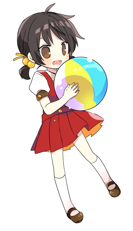 1girl, ball, beachball, black_hair, blush, brown_eyes, chibi, dress