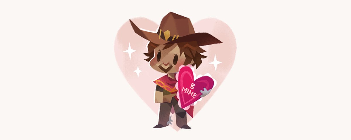 1boy, beard, brown_hair, cape, chibi, cowboy_hat, facial_hair, full_body, gloves, hat, heart, holding, mccree_(overwatch), overwatch, pointing, simple_background, smile, solid_circle_eyes, solo, sparkle, spurs, star, text, tinysnails, valentine, white_background