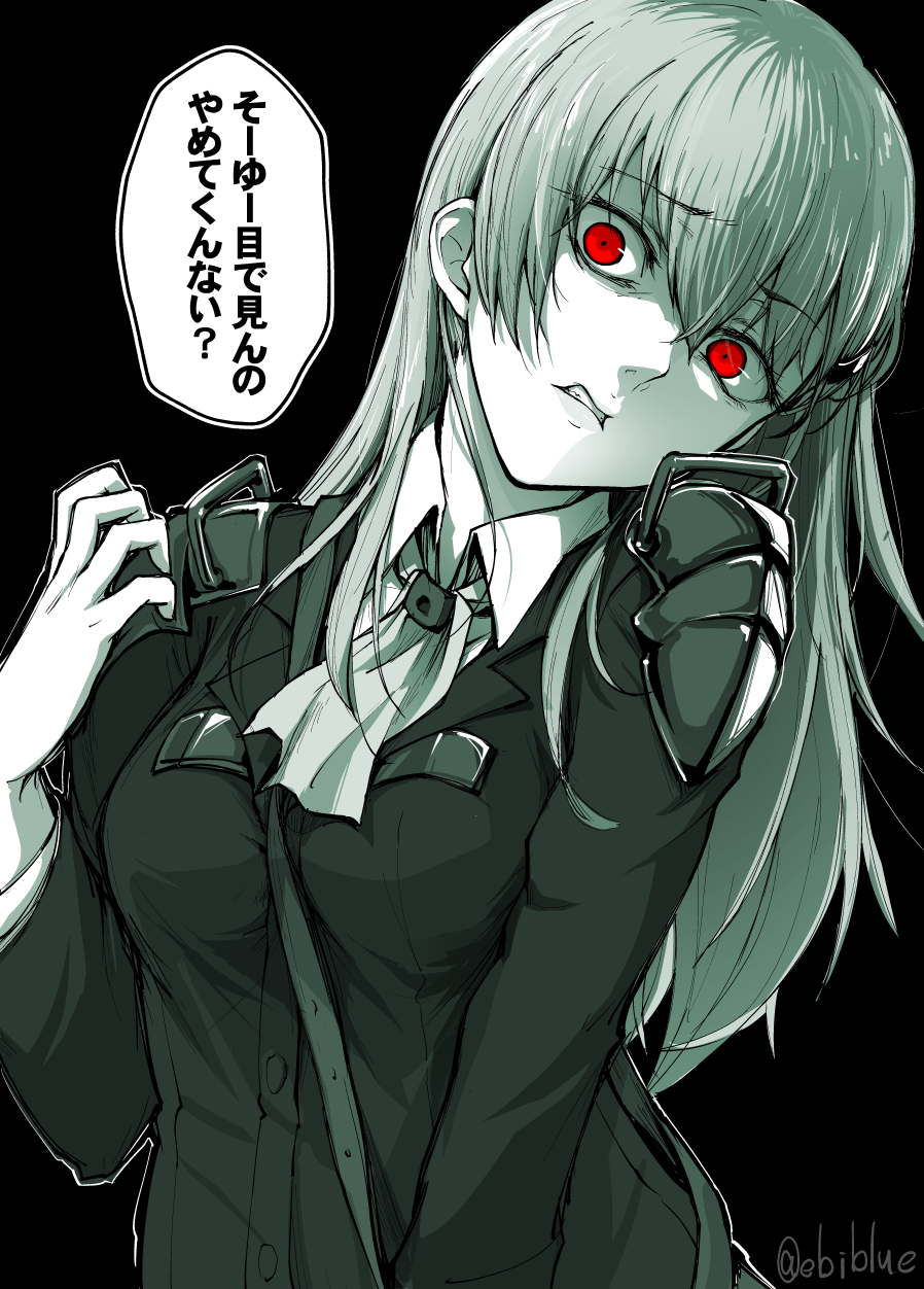 1girl, ascot, between_breasts, black_background, breasts, commentary_request, curled_fingers, ebiblue
