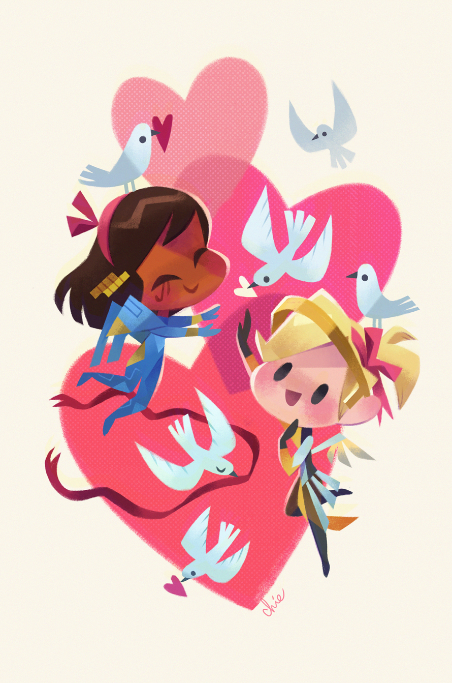 2girls, :d, artist_name, bird, blonde_hair, brown_hair, chibi, commentary