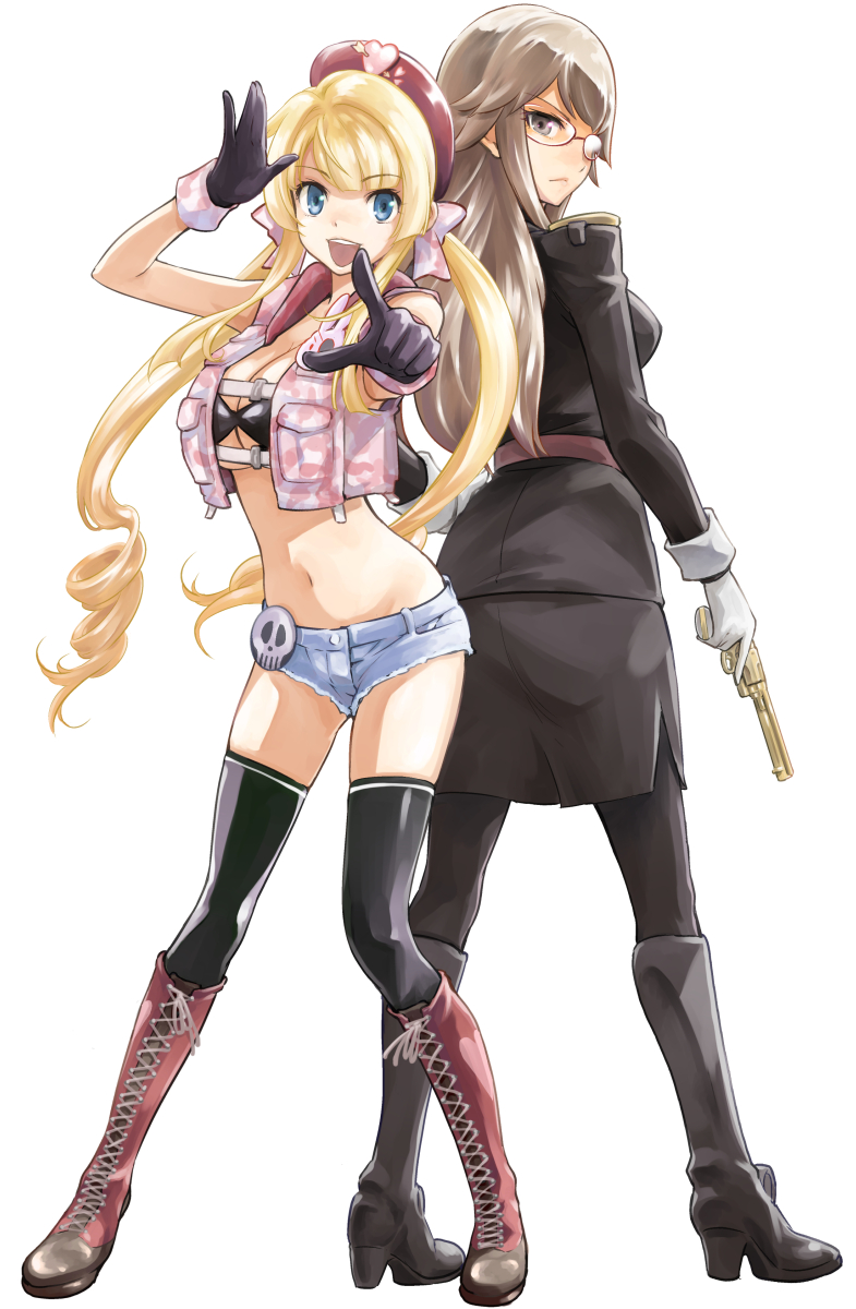 2girls, bangs, belt, black_bikini_top, black_boots, black_dress, black_gloves, black_legwear, blonde_hair, blue_eyes, boots, breasts, brown_eyes, brown_hair, camouflage_jacket, charlotte_zoom, cleavage, cutoffs, dress, eyebrows_visible_through_hair, glasses, gloves, gun, handgun, heavy_object, highres, jacket, lace-up_boots, long_hair, looking_at_viewer, looking_back, midriff, miniskirt, monica_(heavy_object), multiple_girls, navel, official_art, open_mouth, pistol, pointing_at_viewer, ringlets, saitou_sakae, short_shorts, shorts, simple_background, skirt, skirt_set, skirt_suit, thigh-highs, thighs, under_boob, very_long_hair, weapon, white_background, white_gloves