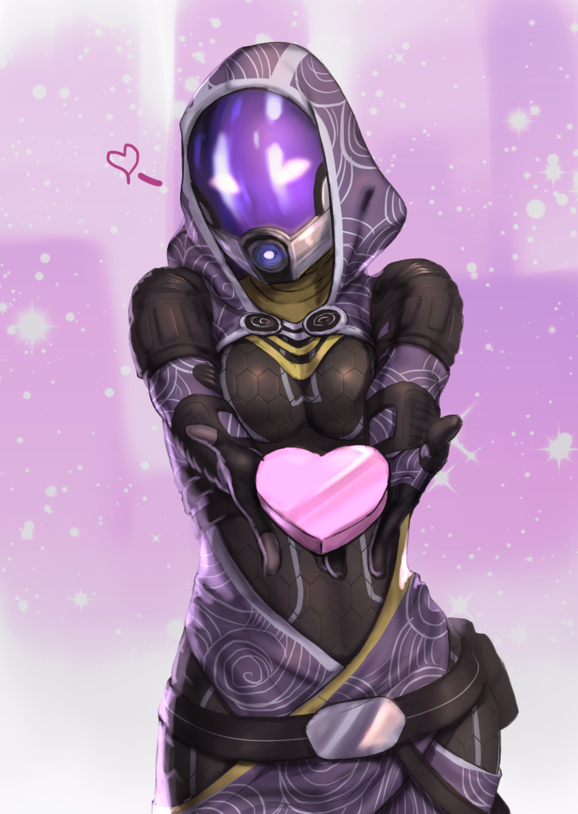 1girl, alien, bodysuit, glowing, glowing_eyes, heart, heart-shaped_box, helmet, hood, kotorikurama, looking_at_viewer, mask, mass_effect, pink_background, quarian, solo, tali'zorah, valentine
