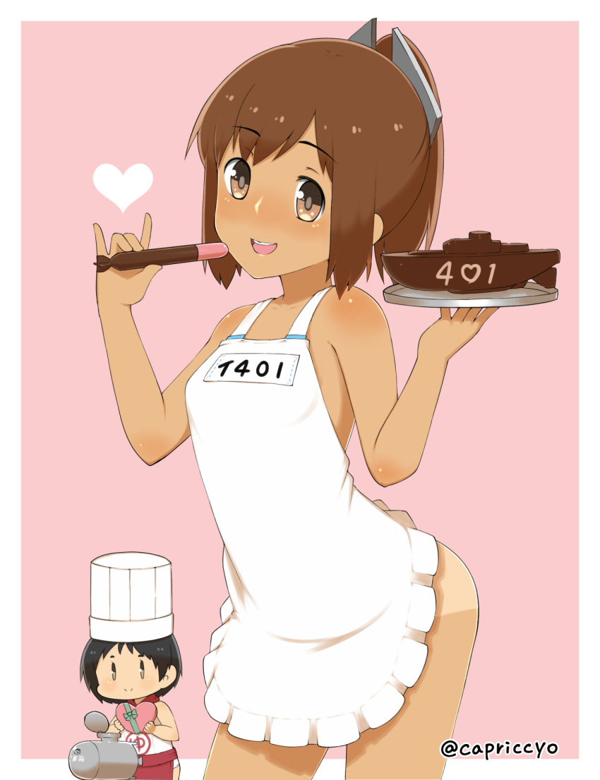 2girls, apron, black_hair, bowl, brown_eyes, brown_hair, capriccyo, character_name
