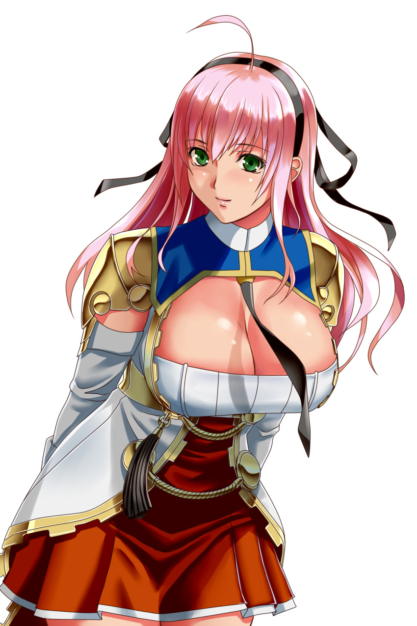 1girl, ahoge, armor, bangs, black_ribbon, breasts, cleavage, cowboy_shot
