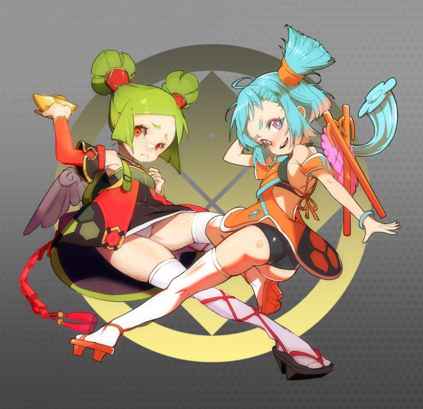 2girls, :<, aku_maborosi, arm_up, armpits, ass, backpack, bag, bikini, bikini_top, black_bikini, blue_eyes, blue_hair, brown_eyes, detached_sleeves, dress, green_hair, long_hair, multiple_girls, original, panties, pantyshot, sandals, short_dress, smile, swimsuit, thigh-highs, twintails, underwear, upskirt, white_legwear, white_panties