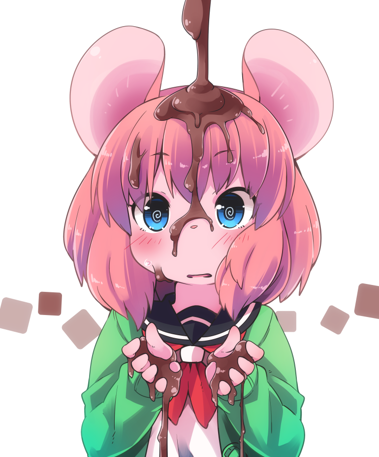 1girl, animal_ears, blue_eyes, cardigan, chocolate, chocolate_drip, dirty, furry