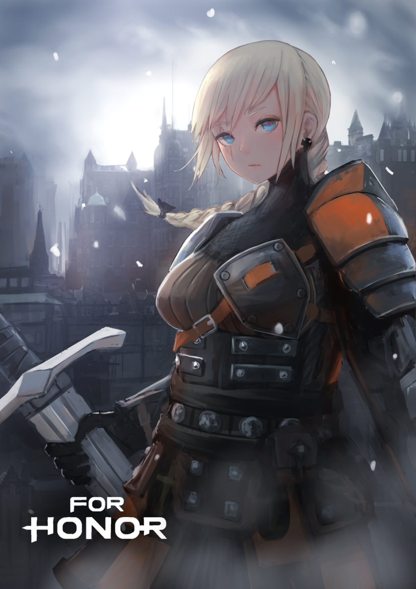 1girl, armor, blonde_hair, blue_eyes, braid, breasts, claymore_(sword), copyright_name, for_honor, gloves, headwear_removed, helmet, helmet_removed, high_collar, highres, kasagarasu, leather, long_hair, medium_breasts, pauldrons, pouch, scar, scar_across_eye, snow, snowing, solo, sword, vambraces, warden_(for_honor), weapon