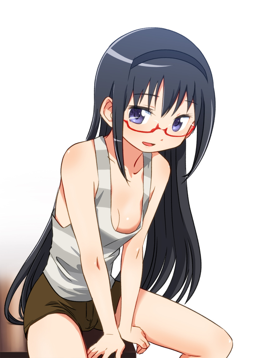 1girl, akemi_homura, black_hair, breasts, cleavage, downblouse, glasses, hairband