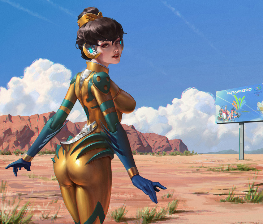 1girl, 9, 2016, ad, alternate_color, alternate_costume, arms_at_sides, artist_name, ass, b.va_(overwatch), bangs, blue_gloves, blue_sky, bodysuit, breasts, brown_eyes, brown_hair, chome, clouds, cloudy_sky, cowboy_shot, d.va_(overwatch), overwatch
