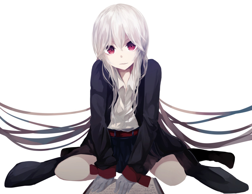 1girl, absurdres, albino, belt, black_legwear, blue_skirt, book, coattails