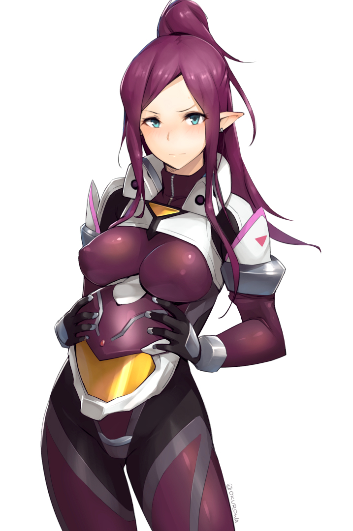 1girl, blue_eyes, blush, bodysuit, breasts, cowboy_shot, ear_piercing, erect_nipples