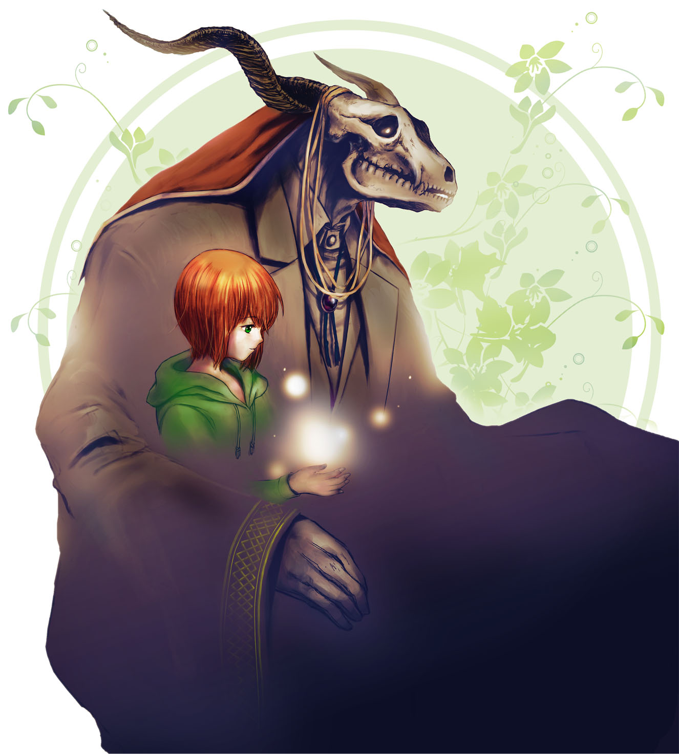 1girl, animal_skull, aoyagi, ellias_ainsworth, flower, green_background, green_eyes, green_jacket, hatori_chise, highres, horns, ivy, jacket, light_particles, mahou_tsukai_no_yome, monster, redhead, robe, short_hair, size_difference