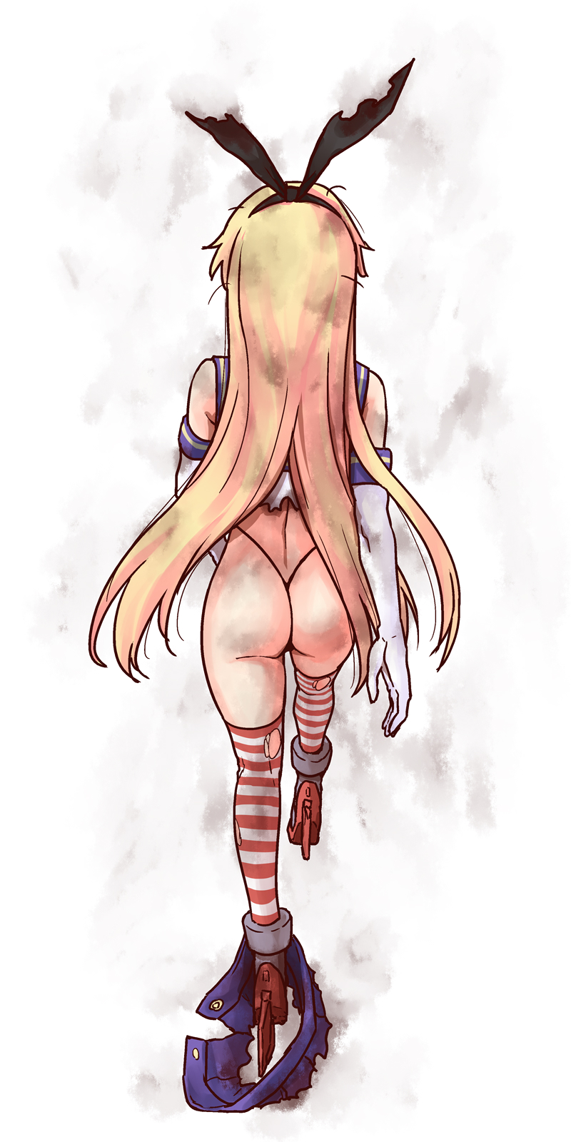 1girl, ass, back, bare_shoulders, blonde_hair, elbow_gloves, gloves, hair_ribbon