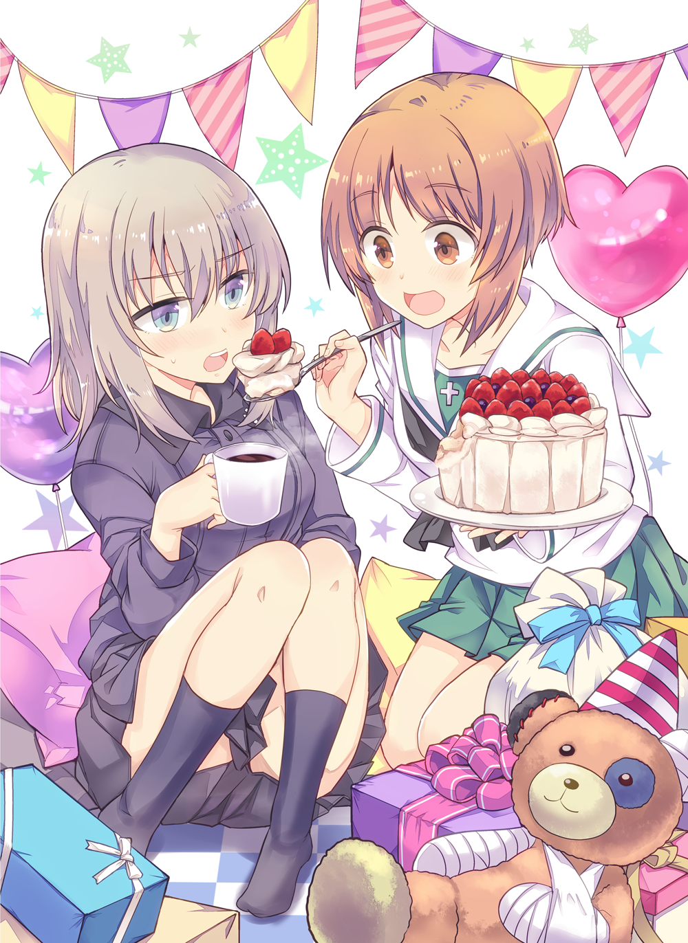 2girls, bag, balloon, bangs, black_legwear, black_skirt, blouse, blue_eyes