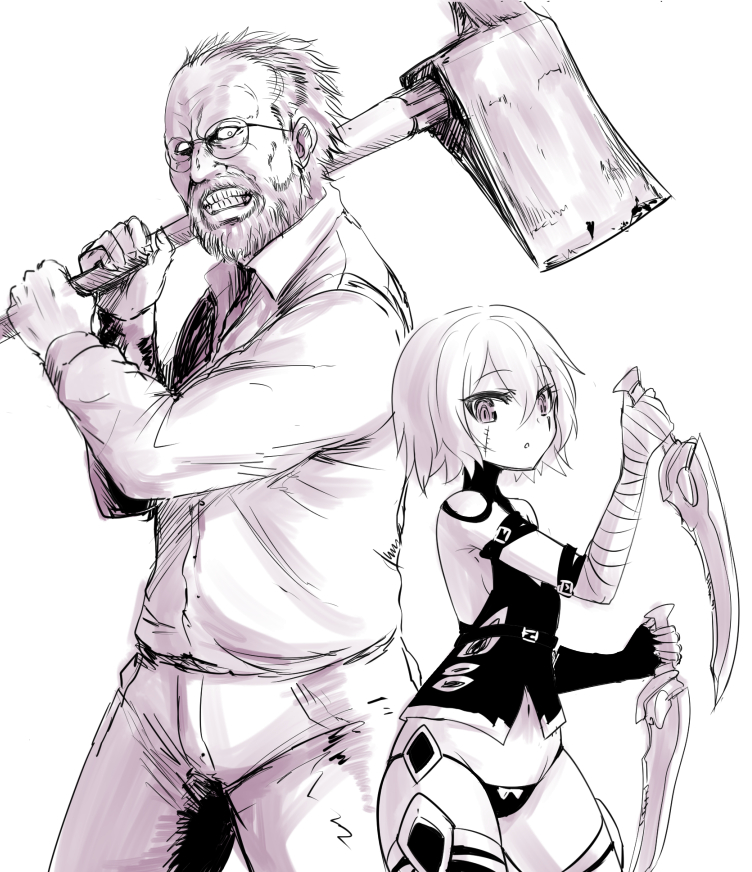 1boy, 1girl, assassin_of_black, axe, bare_shoulders, beard, crossover, facial_hair