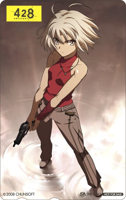 androgynous, armpits, bare_shoulders, beretta_93r, blonde_hair, canaan, canaan_(character), flat_chest