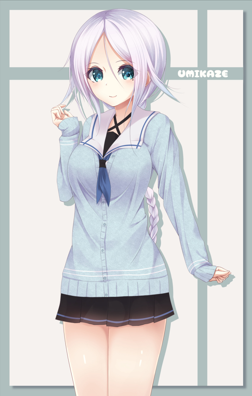 1girl, black_skirt, blue_eyes, braid, breasts, cardigan, character_name, commentary_request