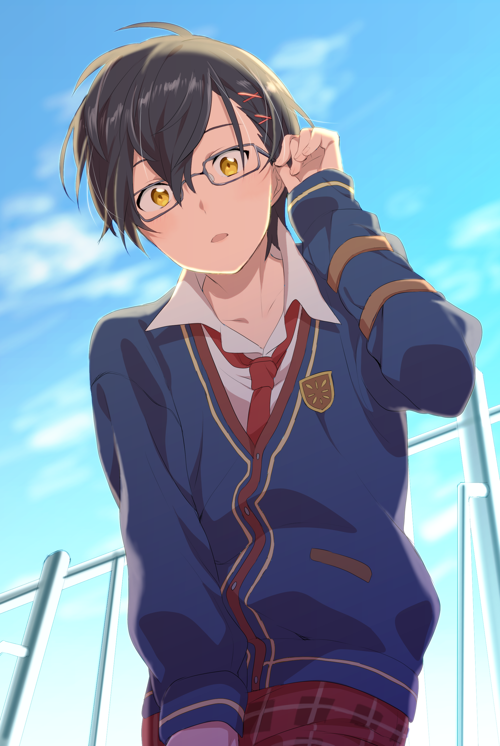 1boy, blue_sky, blush, brown_hair, chagama-chan, clouds, collarbone, collared_shirt