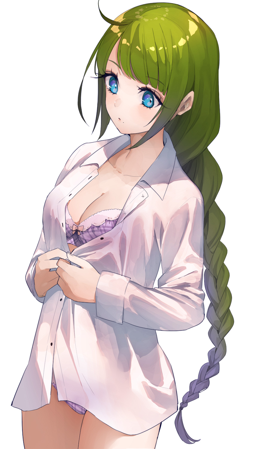 1girl, ahoge, blue_eyes, bra, braid, breasts, cleavage, green_hair