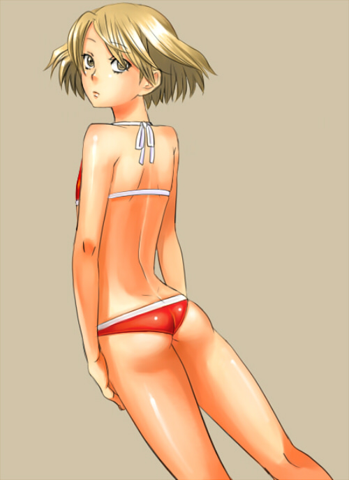 bikini, kurogane_no_linebarrel, kurogane_no_linebarrels, male, short_hair, solo, swimsuit, tanaka_(pixiv)