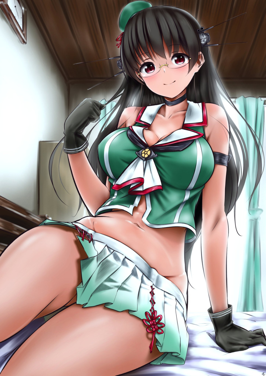 1girl, arm_support, armband, bed_sheet, beret, black_gloves, black_hair, blue_hat