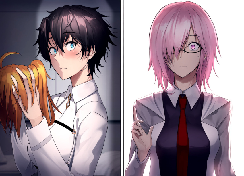 1boy, 1girl, ahoge, blue_eyes, breasts, caught, closed_mouth, crossdressinging