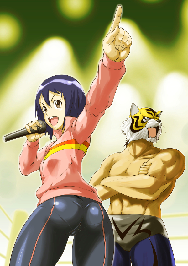 1boy, 1girl, ass, black_hair, brown_eyes, crossed_arms, jacket, microphone