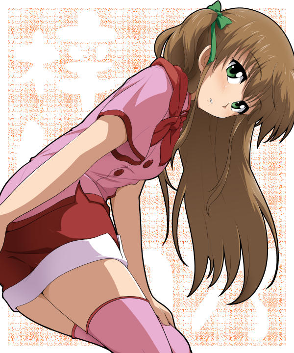 1girl, azusagawa_tsukino, bioroid_hei, brown_hair, green_eyes, long_hair, looking_at_viewer, thigh-highs