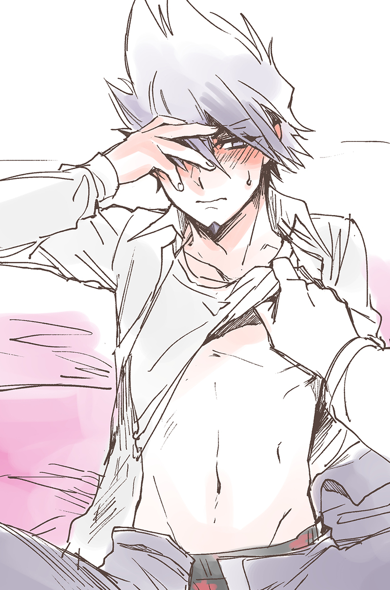1boy, arms_up, bare_chest, blush, boxers, briefs, collared_shirt, dangan_ronpa