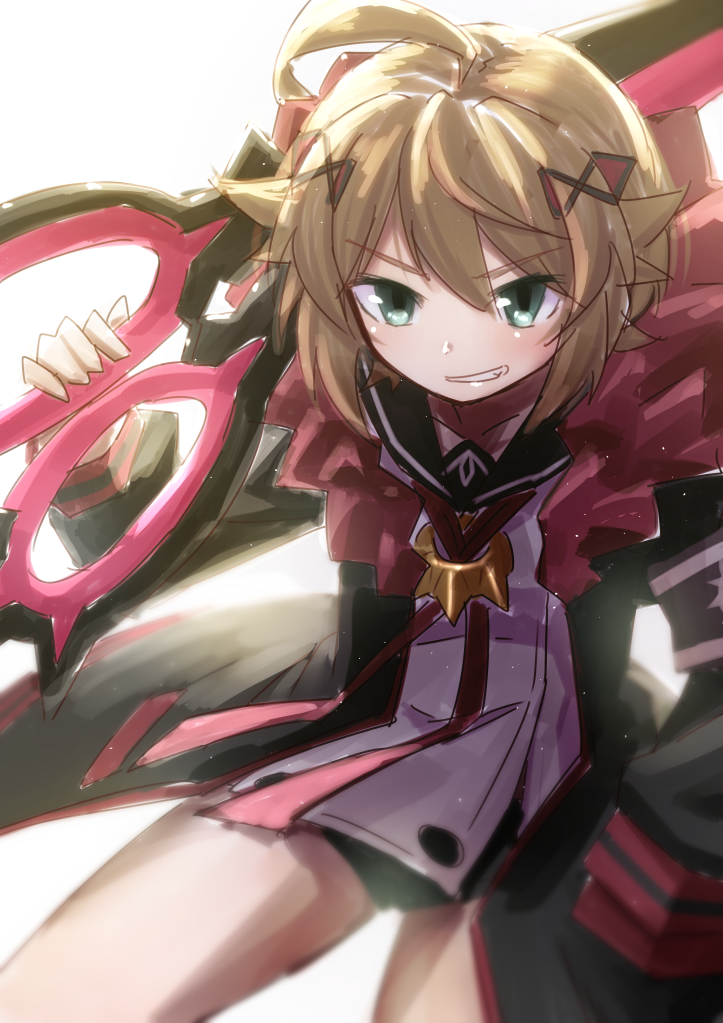 1girl, akazukin_(mary_skelter), blush, brown_hair, coat, fur_trim, green_eyes, hair_ornament, looking_at_viewer, mary_skelter, mizunashi_(second_run), open_mouth, short_hair, smile, solo, weapon