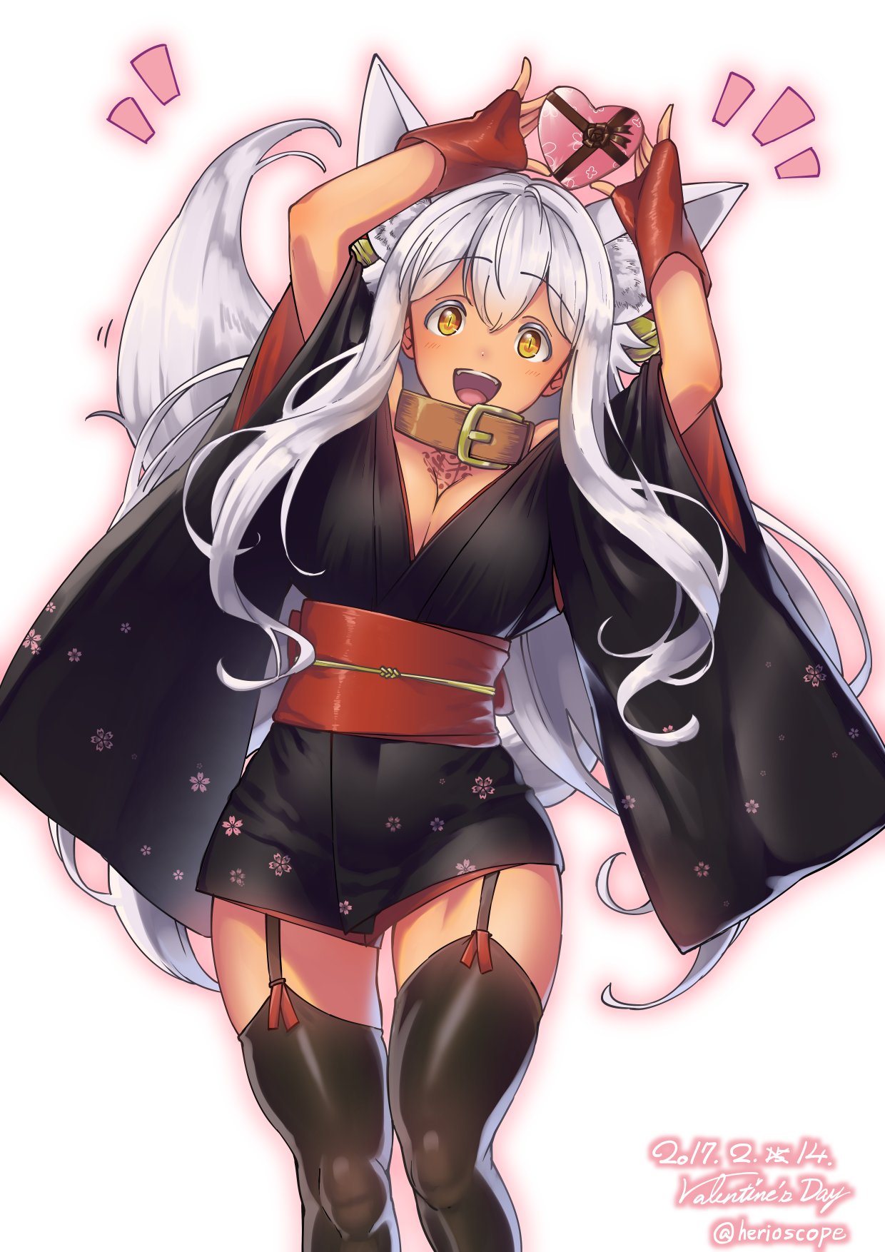 /\/\/\, 1girl, :d, animal_ears, arms_up, artist_name, black_legwear, breasts