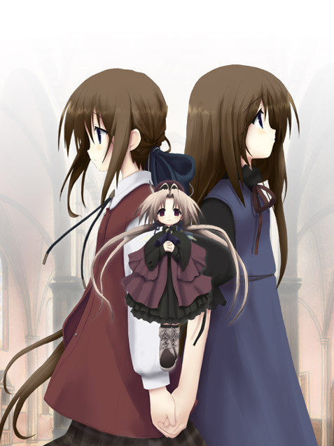 arietta_fine, back-to-back, back_to_back, beret, brown_hair, dress, hand_holding, hat
