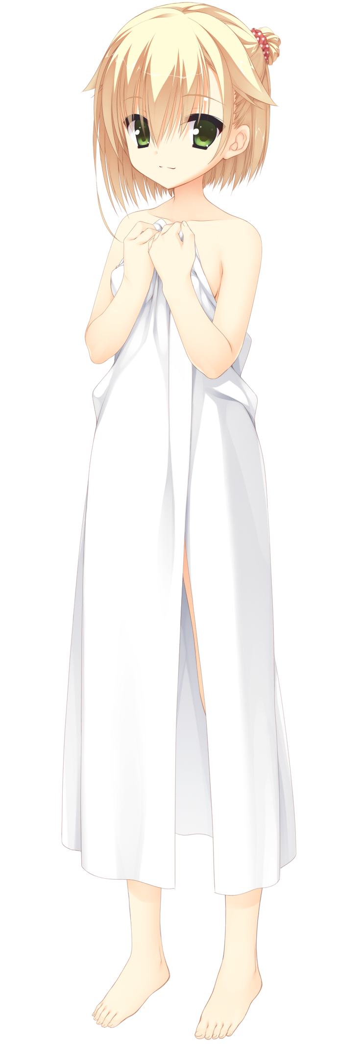 1girl, barefoot, blonde_hair, feet, full_body, green_eyes, hair_ornament, hair_scrunchie, highres, kariya_wakana, kobuichi, looking_at_viewer, naked_towel, sanoba_witch, scrunchie, short_hair, solo, toes, towel, transparent_background