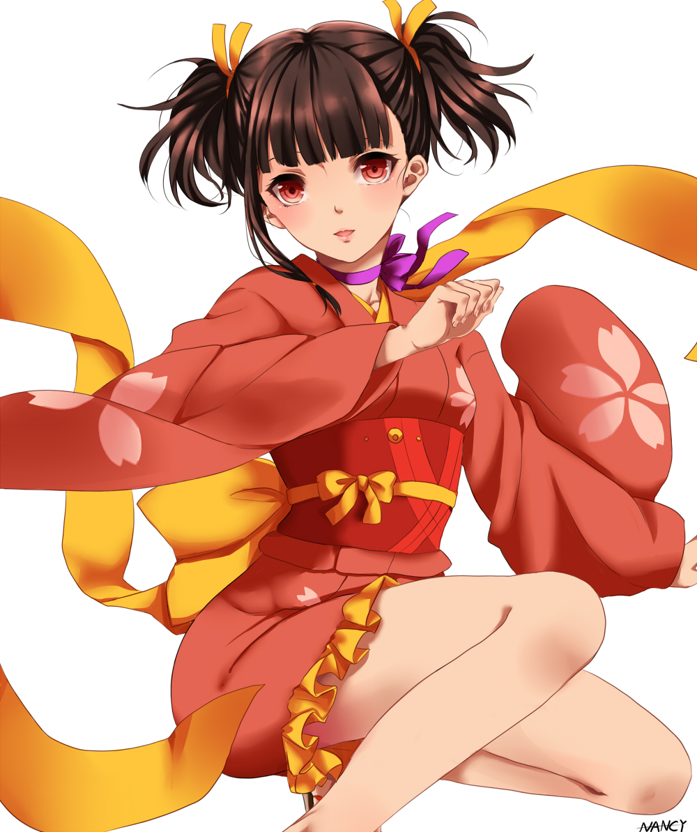1girl, artist_name, bangs, blunt_bangs, bow, brown_hair, choker, frilled_kimono, frills, japanese_clothes, kimono, koutetsujou_no_kabaneri, looking_at_viewer, mumei_(kabaneri), nancy980216, obi, parted_lips, purple_ribbon, red_eyes, red_kimono, ribbon, ribbon_choker, sash, short_hair, short_kimono, short_twintails, solo, squatting, twintails, wide_sleeves
