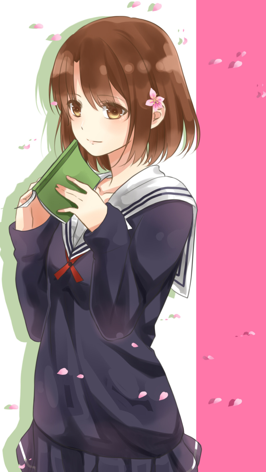 1girl, book, brown_eyes, brown_hair, cherry_blossoms, flower, hair_flower, hair_ornament